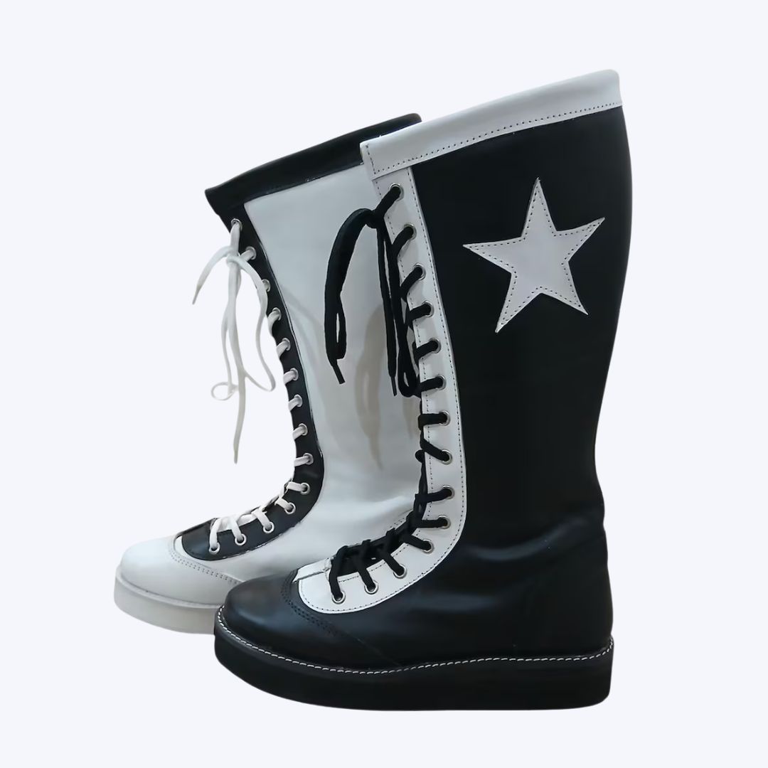 Black White Pro Wrestling Boots High-Top Leather Grip