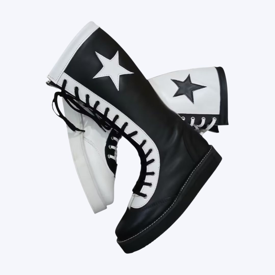 Black White Pro Wrestling Boots High-Top Leather Grip