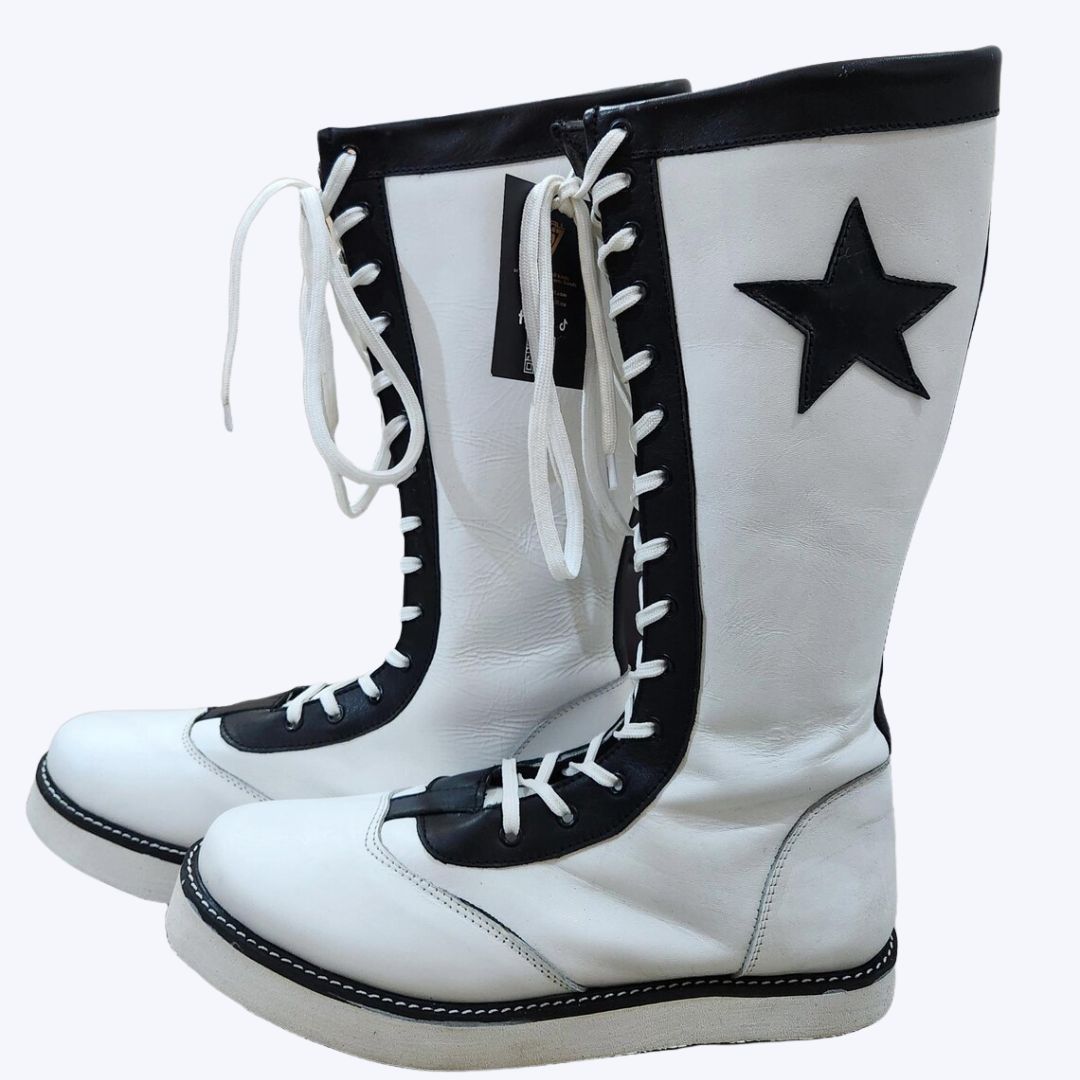 White Pro Wrestling Boots High-Top Leather Grip