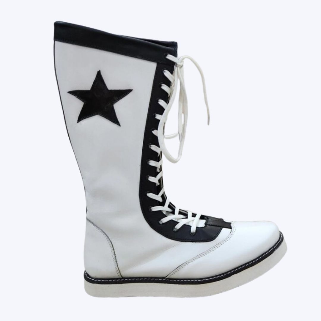 White Pro Wrestling Boots High-Top Leather Grip