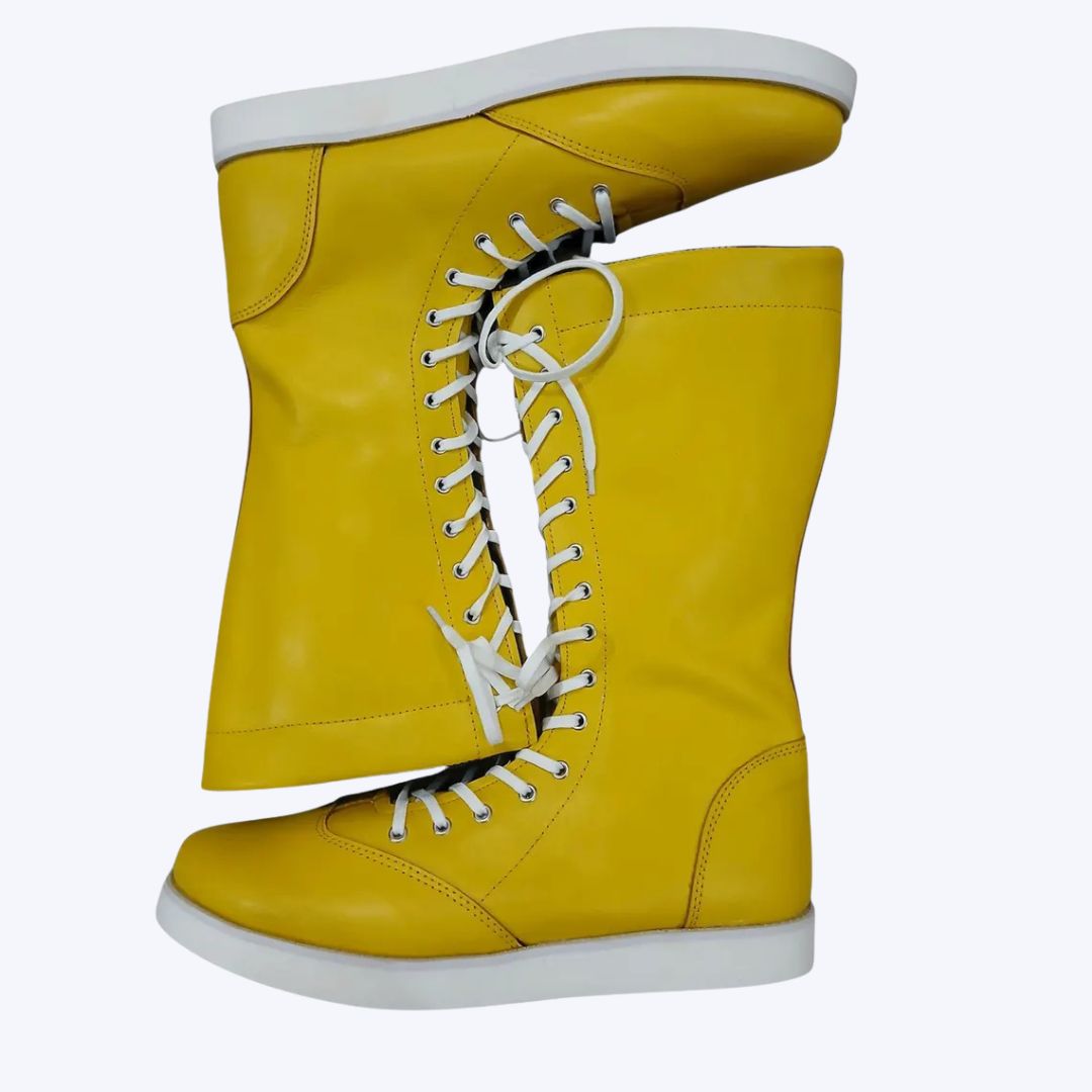 Yellow Pro Wrestling Boots High-Top Leather Ring Boots