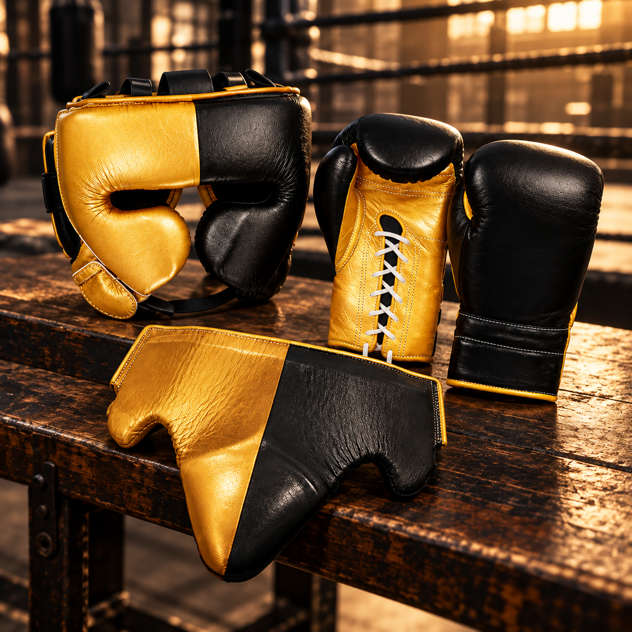 Matching black and gold boxing headgear, gloves and groin guard